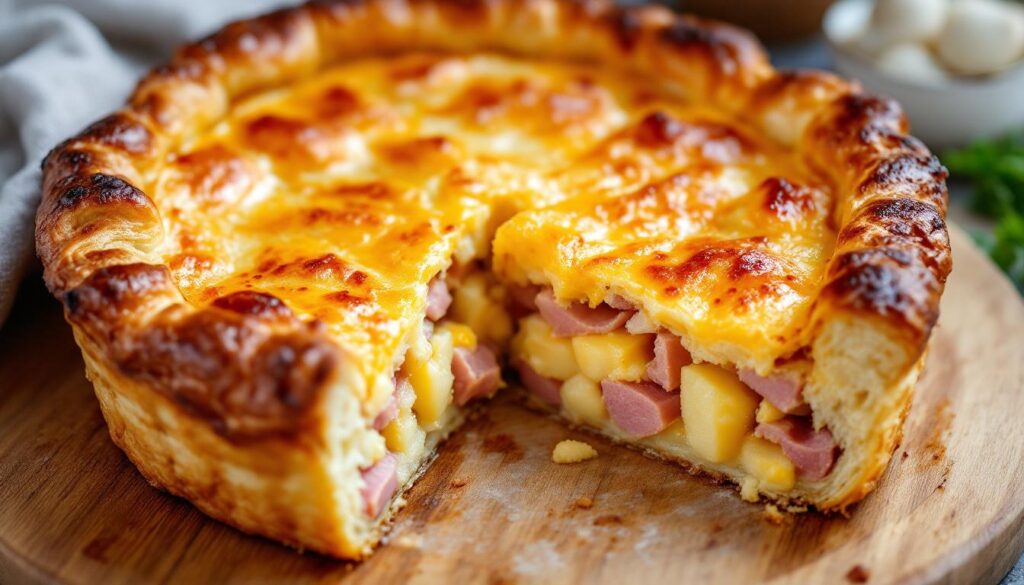 ontdek waarom deze ham kaas aardappeltaart met bladerdeeg zo heerlijk goudbruin en knapperig wordt, perfect voor elke maaltijd.