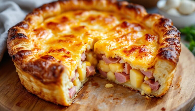 Waarom deze ham kaas aardappeltaart met bladerdeeg zo goudbruin wordt